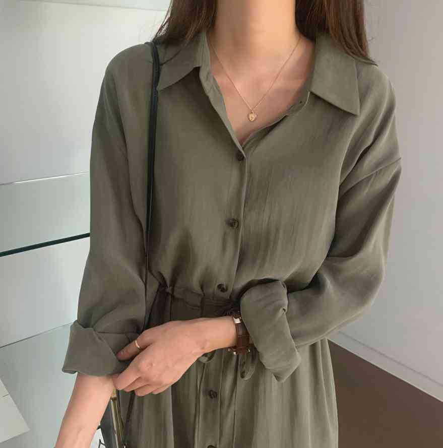 Women Shirt Dress Solid Multi Colors Casual Oversize Lace Up Long Loose Sleeve Vintage 901B 210420