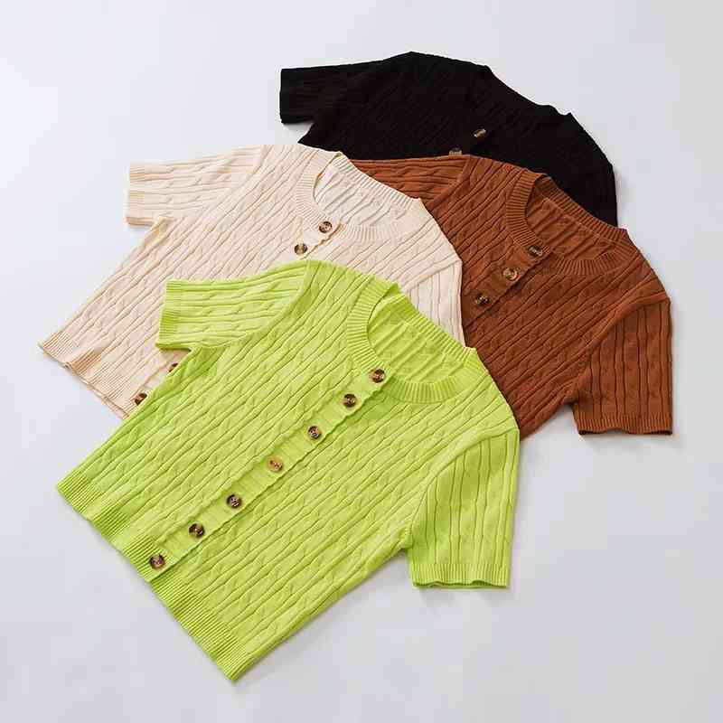 vintage green knitted t shirt women sexy crop top streetwear button short sleeve tshirt korean clothes 210521