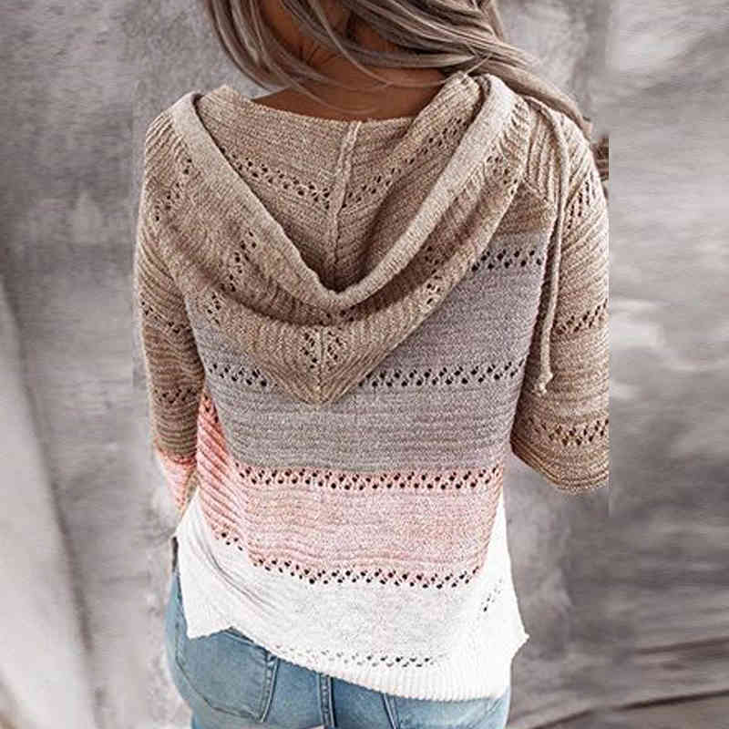 Sexy Striped Patchwork Women Knitwear Sweaters Autumn Winter Fashion Long Sleeve Go out Hooded Casual Loose Sweaters 210515