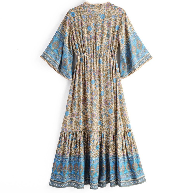 BOHO V neck Spliced Ball Tassel floral Print Flare Sleeve Dress Holiday Women Adjust Waist Drawstring Loose Long Dresses 210429