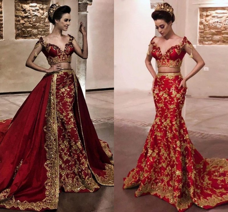 Applique Indian Mermaid Wedding Dresses Remove Train Two Pieces Gold Lace Burgundy Arabic Bridal Gown Robe de soirée, White
Applique Indian Mermaid Wedding Dresses Remove Train Two Pieces Gold Lace Burgundy Arabic Bridal Gown Robe de soirée, White