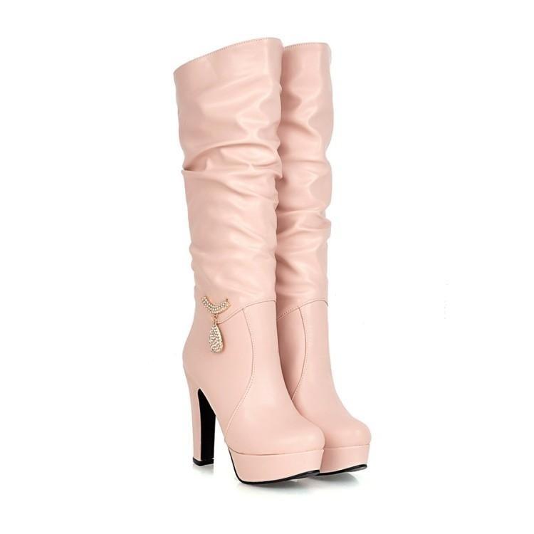 Boots 2021 Fashion High Heel Medium Women's White Thick Autumn And Winter Side Zipper