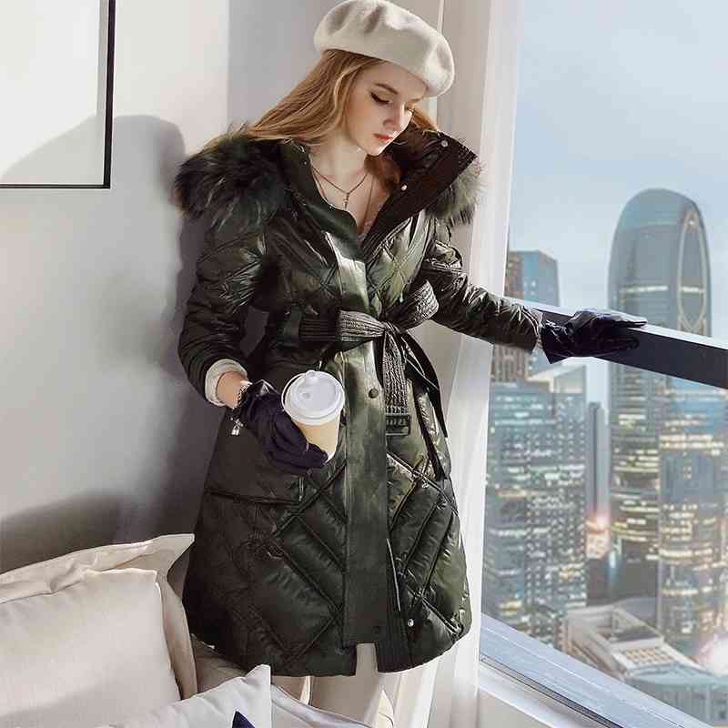 Dabuwawa Chic Diamond Pattern Women White Duck Down Jacket Raccoon Fur Hooded Solid Thick Long Coat Female Warm Winter DT1DDW036 210520
