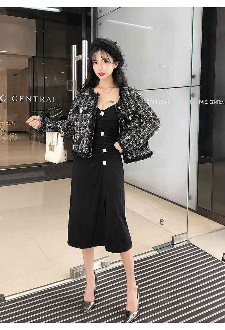 Autumn Winter Women Small Fragrance Vintage Plaid Tweed Jacket Coat Korean Elegant Long Sleeve Slim Short Outerwear 210519