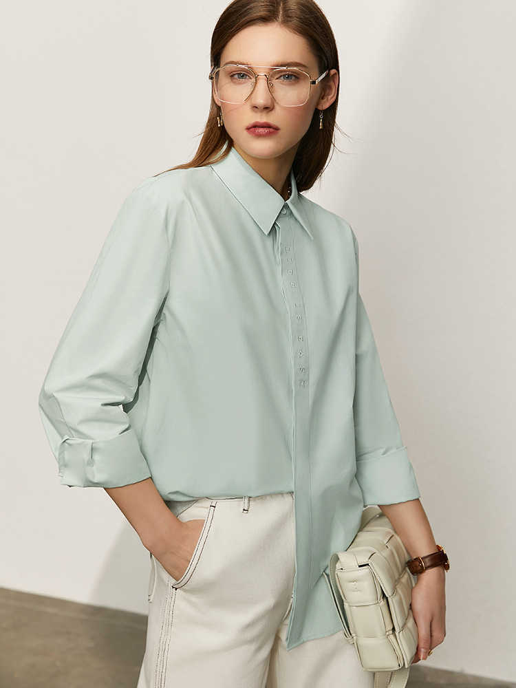 Minimalism Summer Women's Shirt Offical Lady 100%cotton Letter Embroidery Lapel Loose Blouse Tops 12130199 210527