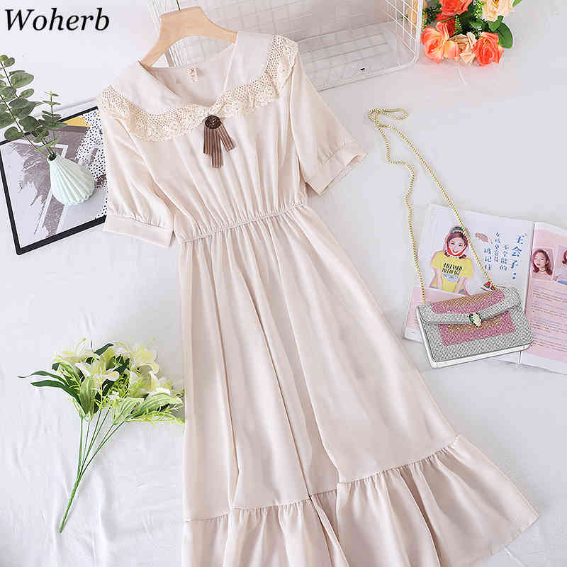 Vintage Elegant Dress Women Peter Pan Collar Lace Patchwork Slim A-line Dresses Korean Sweet Wild Temperament Vestidos 210519