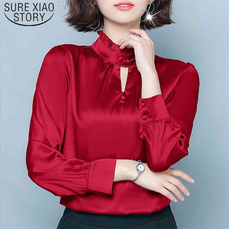 Fashion Long Sleeve Silk Blouse Solid Stand Women Tops and Style Clothing Loose Pluse Size Shirt Streetwear 8322 50 210506