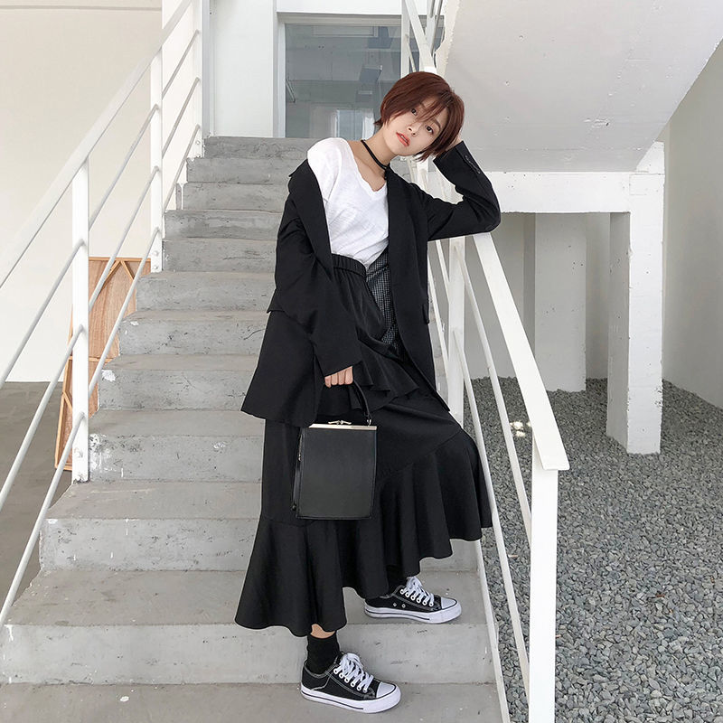 Ruffles A-line Solid High Waist Women Korean Chic Spring Long Skirts All Match Elegant Faldas Fashion 15535 210415