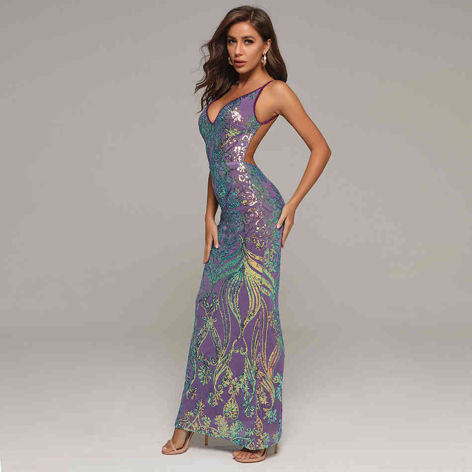 Summer Women Sequins V Neck Spaghetti Strap Sleeveless Dress Sexy Backless Club Evening Runway Party Maxi Dresses 210423