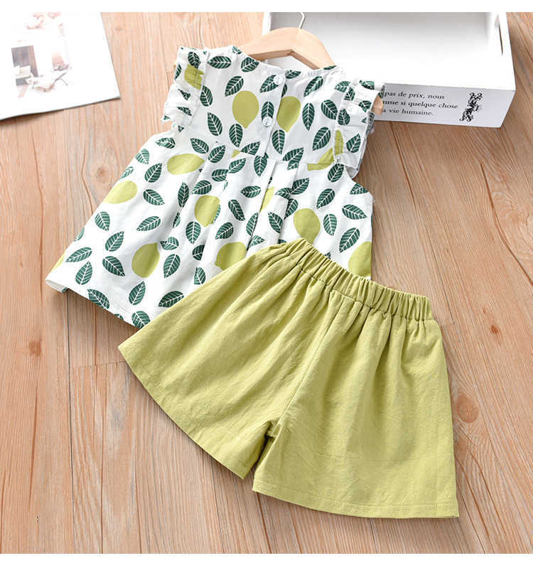 Girls Leaves Cotton Bouse and Shorts 2pcs Set for Children Toddler Lovely Summer Outfit Clothing 210529