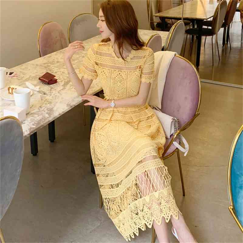 2019 Summer Korean Yellow Dress Women Short Sleeve Hollow Out Hook flower Solid Lace Dress Women Elegant Long Dress 210331