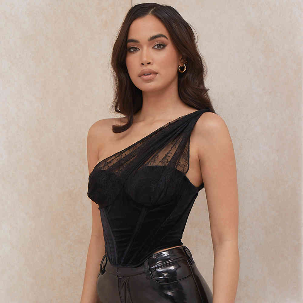 Summer Women Black Lace One Shoulder Short Tops Sexy Sleeveles Club Celebrity Runway Party Outwear Mini Crop 210423
