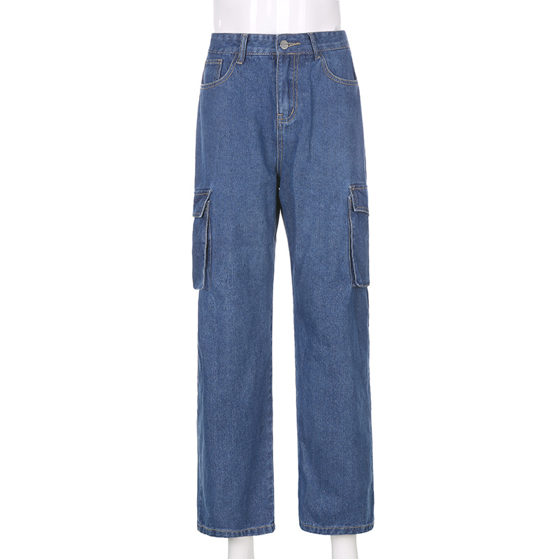 Woman cargo Jeans high Waist loose Denim Clothing Blue Streetwear Vintage Quality Fashion big pocket boyfriend Pants 210524