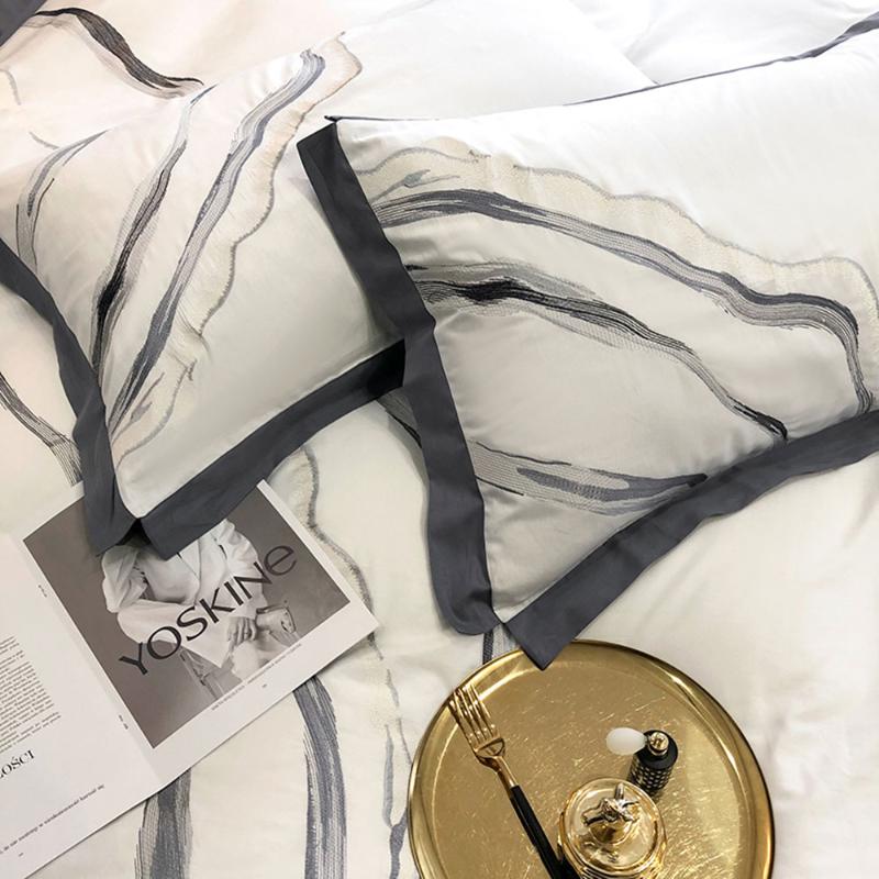 Papa&Mima Brief Marble Print Bedding Set Satin Egyptian Cotton Duvet Cover Queen King Size Linens Sheet Pillowcases Sets