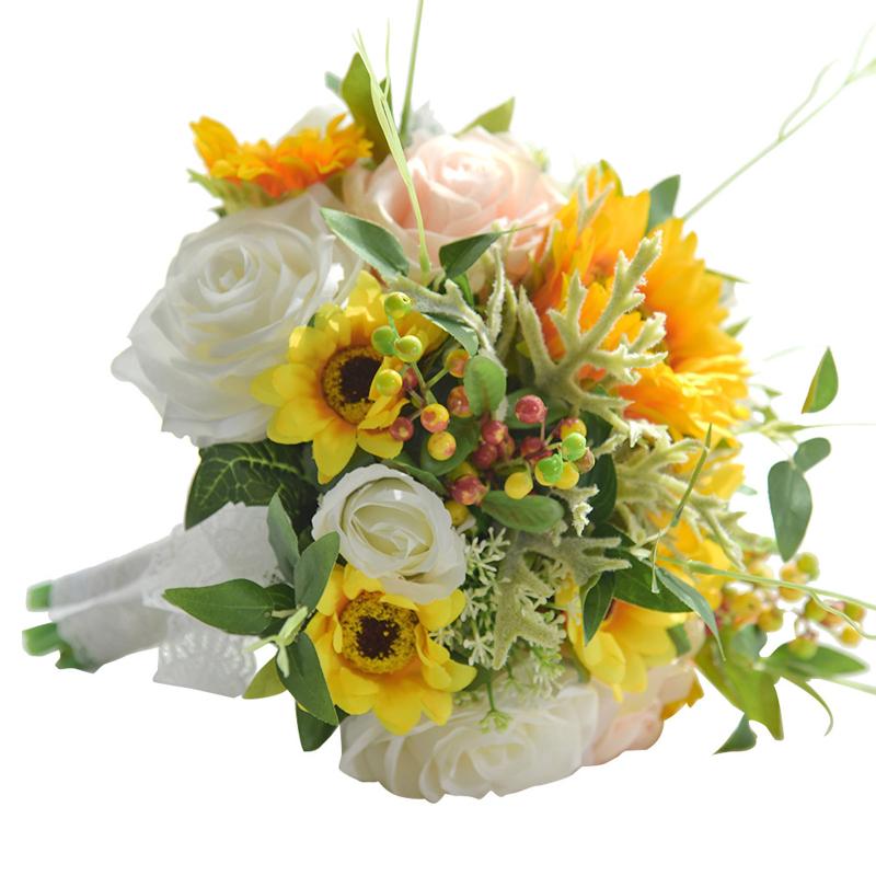 Artificial Sunflower Rose Bouquet Bride Holding Flower Silk Wedding Linen Handmade Simulation Bouquets Home Party Decor Decorative Flowers &