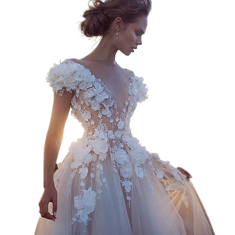 Romantic Flower Open Back Boho Wedding Dress Sexy Backless Long Train Beach Bridal Gowns 3D Floral Appliques Cape Sleeve Bride Dresses Sheer Deep V Ne