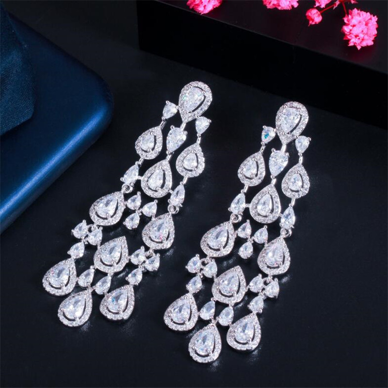 Choucong Brand Handmade Dangle Earrings Luxury Jewelry 18K Gold Fill Water Drop White Topaz CZ Diamond Banquet Party Women Wedding Long Tassels Earrin