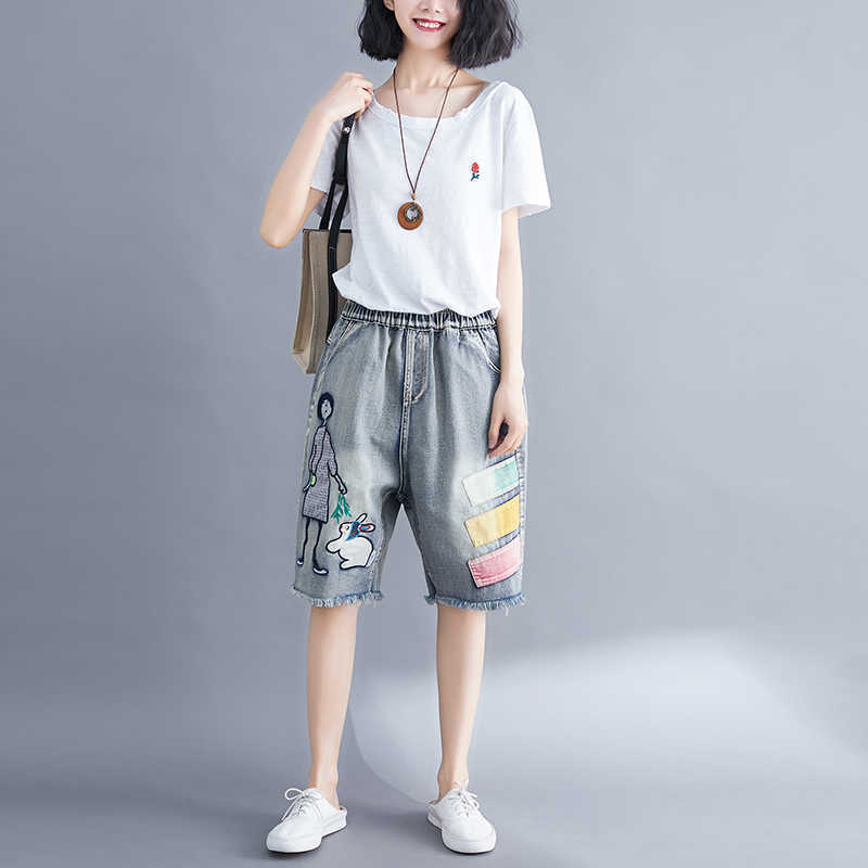 5176 Women Summer Streetwear Elastic High Waist Cartoon Embroidery Cute Korean Style Lady Female Oversized Loose Denim Shorts 210714
