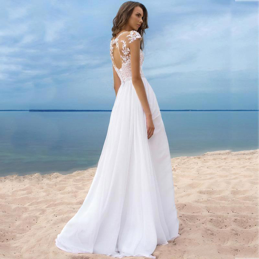 2022 Bohemian A Line Wedding Dresses Beach Chiffon Sheer Neck Lace Appliques Illusion Cap Sleeves Hollow Back High Split Formal Bridal Gowns 0509