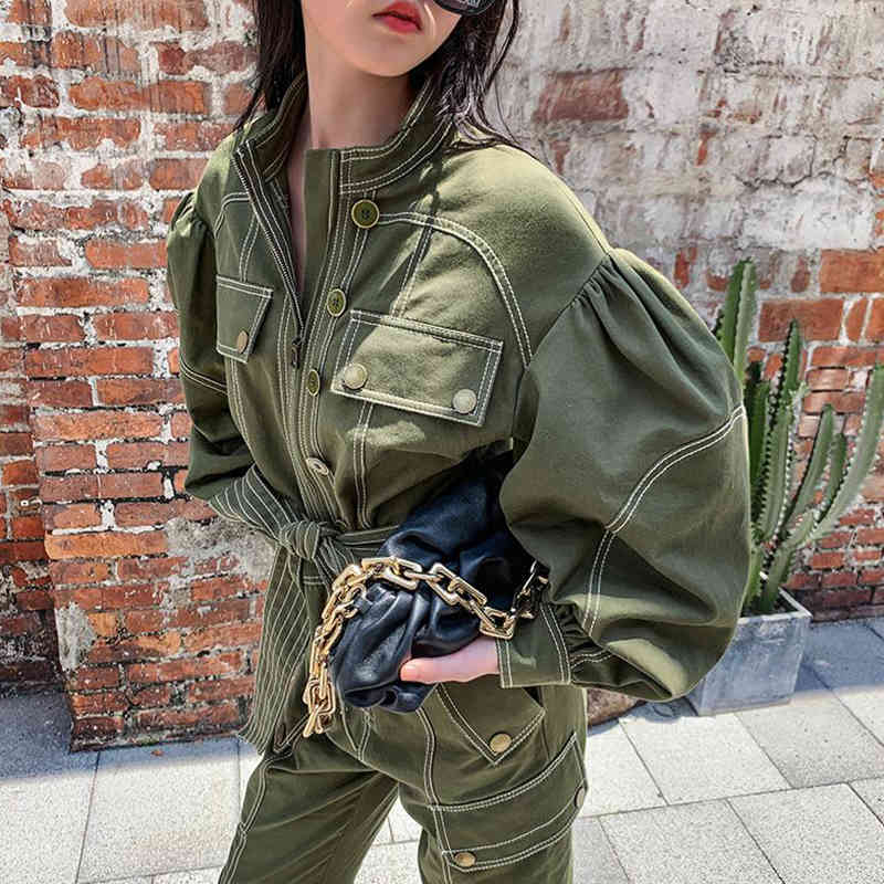 VGH Casual Patchwork Jumpsuit For Women Stand Collar Lantern Sleeve High Waist Lace Up Bowknot Jumpsuits Female Fashion New Fall 210421