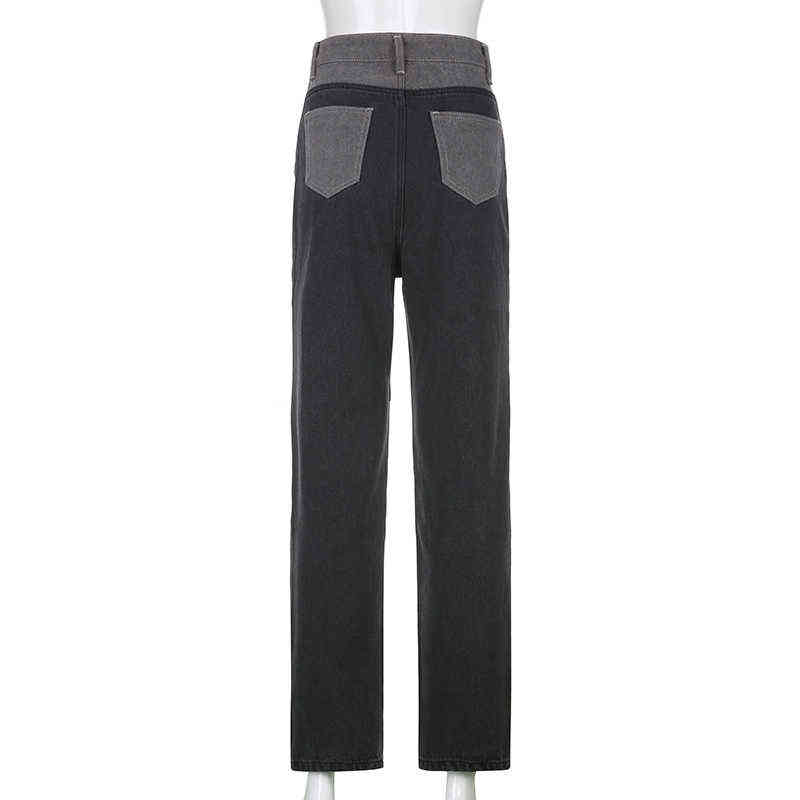 Fashion Patchwork Skinny Straight Jeans Women High Waist Pocket Sexy Color Block High Street Long Grey Denim Pants 211112