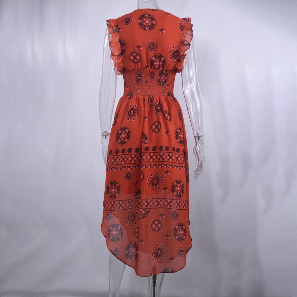 Summer Sexy Sleeveless Red Long Dresses Women Vintage Pattern Behavior Smocked Ruffle Midi Dress Fashion Clothes For Women 210415