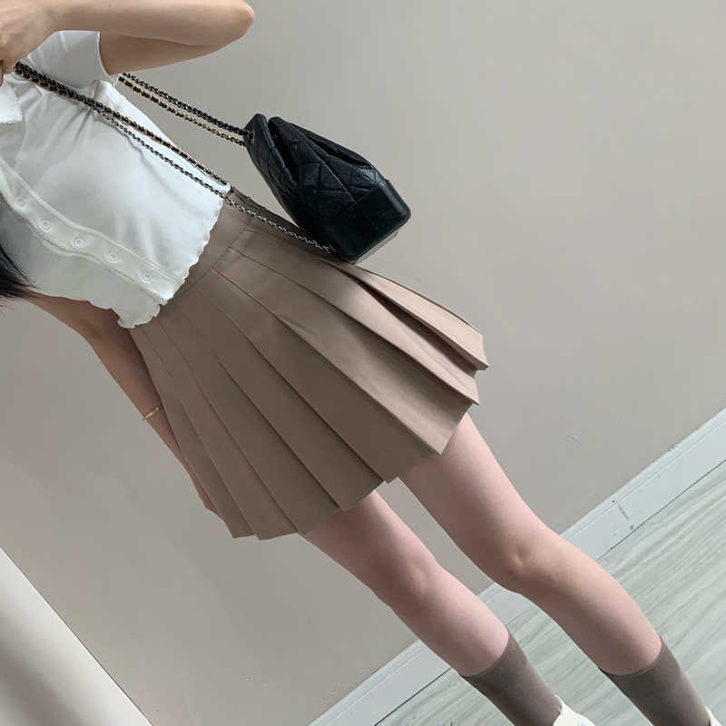 WOMENGAGA Fold Pleated A-LINE Korean Sexy Brown Mini Denim Skirt Skirt Harajuku Gothic Kawaii Japanese LP49 210603