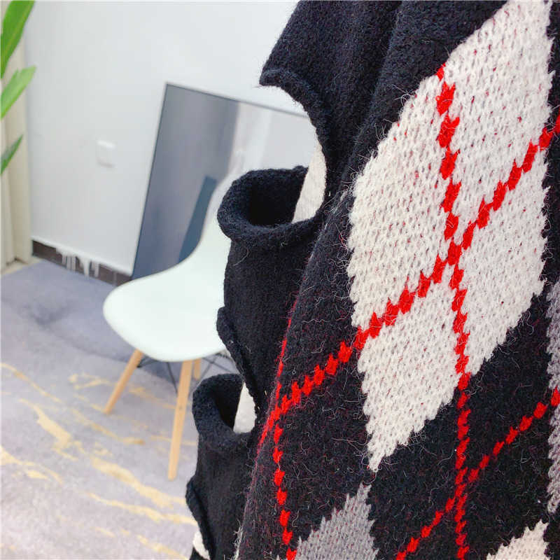 H.SA Women Argyle Cardigans V Neck Broken Hole Knitting Long Sweater Jacket Korean Fashion Oversized Knit Slim Sweaters 210716