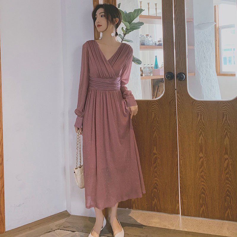 Solid High Waist Puff Sleeve Elegant Dress Vintage V Neck Long Maxi Women Sequin Party Sexy Robe Femme 13019 210427