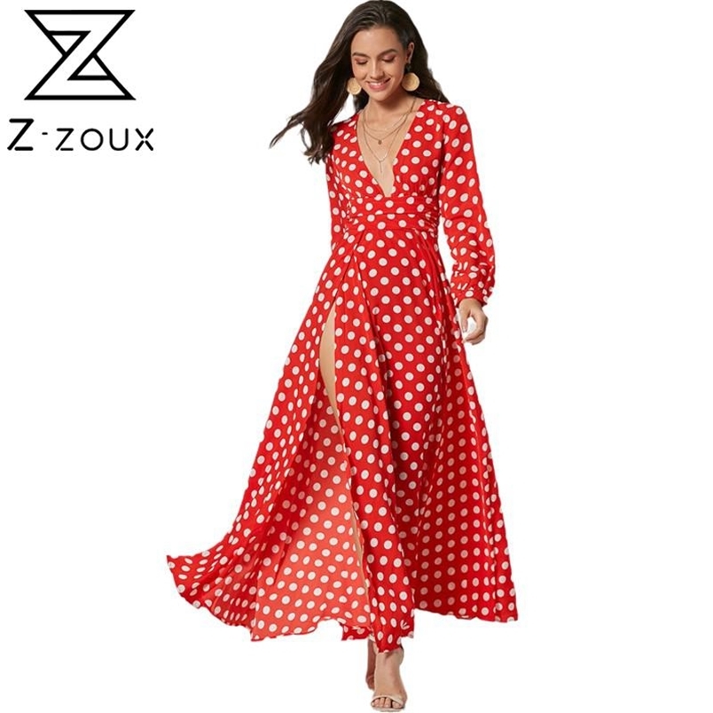Z-ZOU Women Dress Deep V Neck Dot Printed Bohemia es Sexy Long Sleeve Maxi High Waist Split Plus Size es 210513