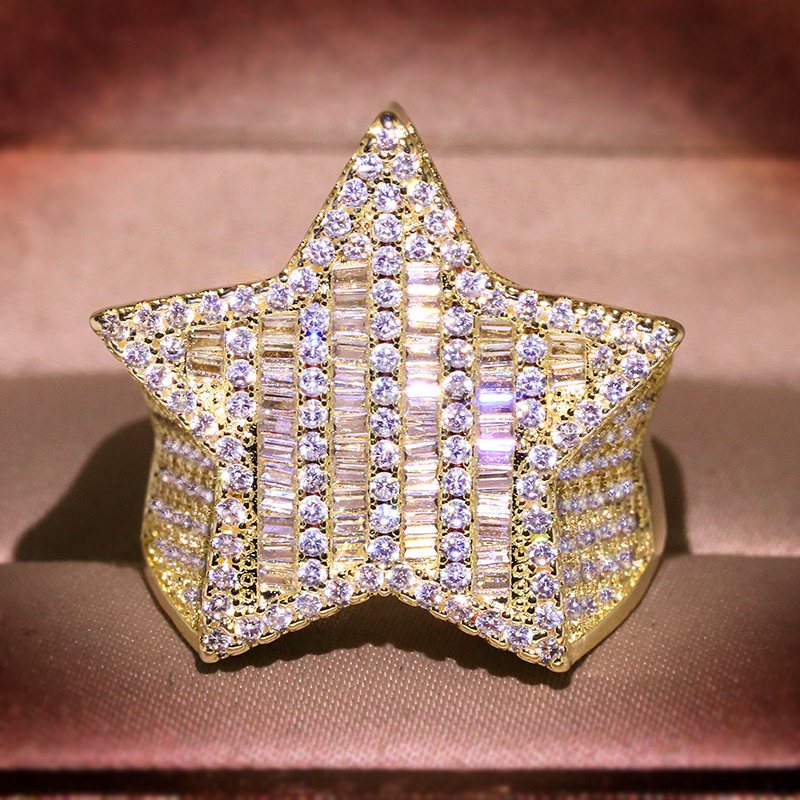 Mens Gold Ring Stones Iced Out Five-pointed Star Fashion Hip Hop Silver Rings Jewelry