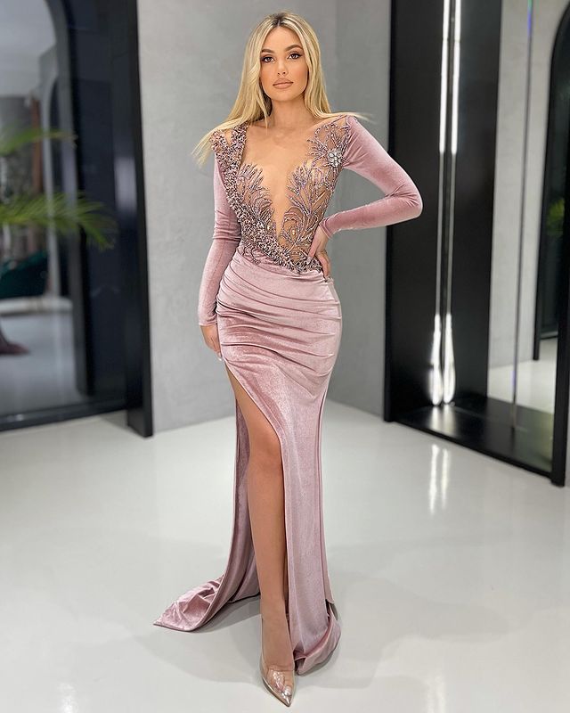 Size Arabic Plus Aso Ebi Urious Mermaid Veet Prom Dresses Beaded Crystals Evening Formal Party Second Reception Birthday Engagement Gowns Dress ZJ 666