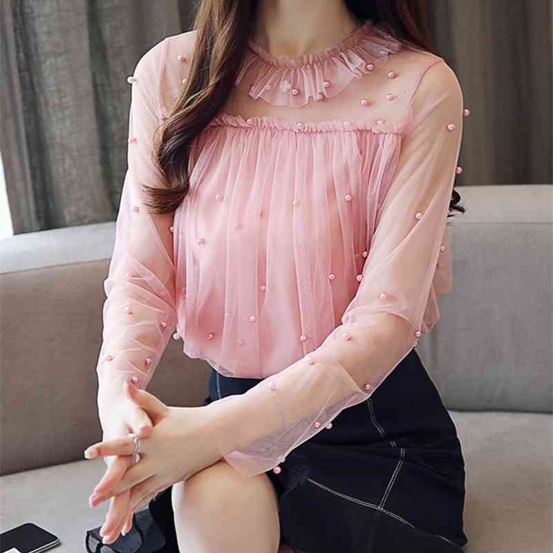Lace Sexy Women Blouses Shirts Autumn Long Sleeve Blouse Bead Fashion Chiffon Elegant Tops Sweet Female Blusas 0863 30 210506