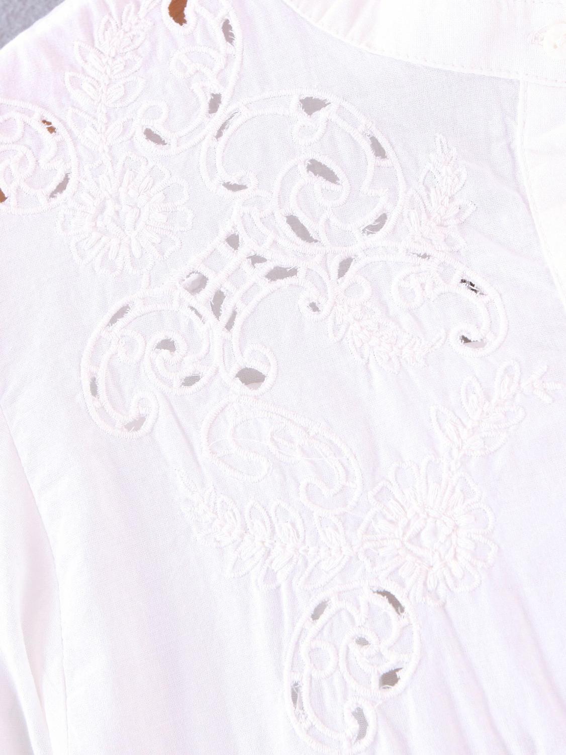 Women White Long Leg sleeve Hollow Out Hole Flower Embroidered Shirt Casual O neck Buttons Draped Ruched Loose Blouse Tops 210429