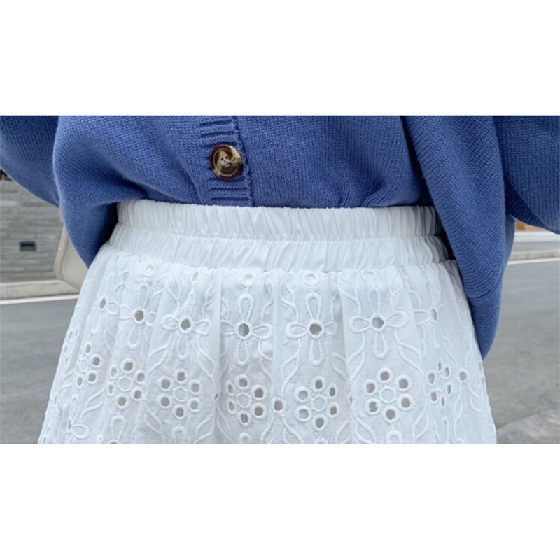 Woman High Waist Fashion Mid-Length Elegant Flower Embroidery Hollow Out Lace Skirts Summer Faldas 210520