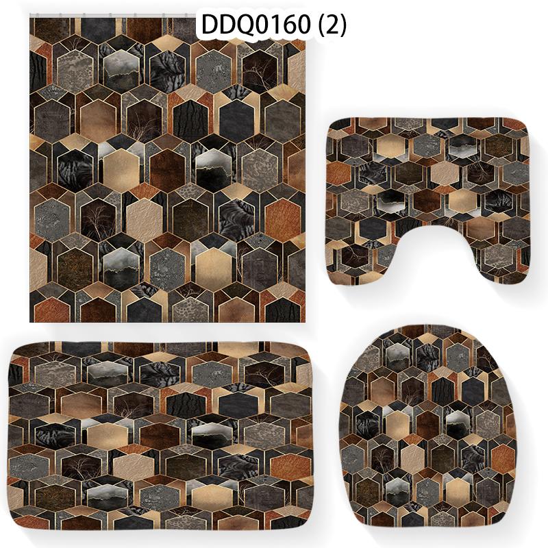 Geometry Home Bathroom 4-piece Non-slip Foot Mat Toilet Decoration Set Shower Curtain Products Bath Mats