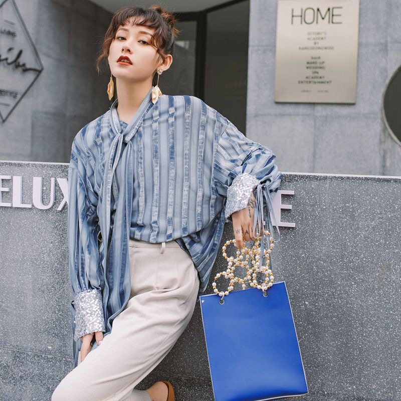 women striped big size blouse sequined long sleeve lace up bow loose pluse shirt fashion spring summer 210421