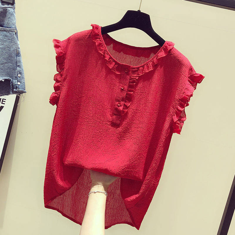 Korea Fashion Summer Women Shirt Plus Size Sweet Cute Sleeveless Chiffon Shirts Ruffles Blouses Female Tops Clothes D26 210512