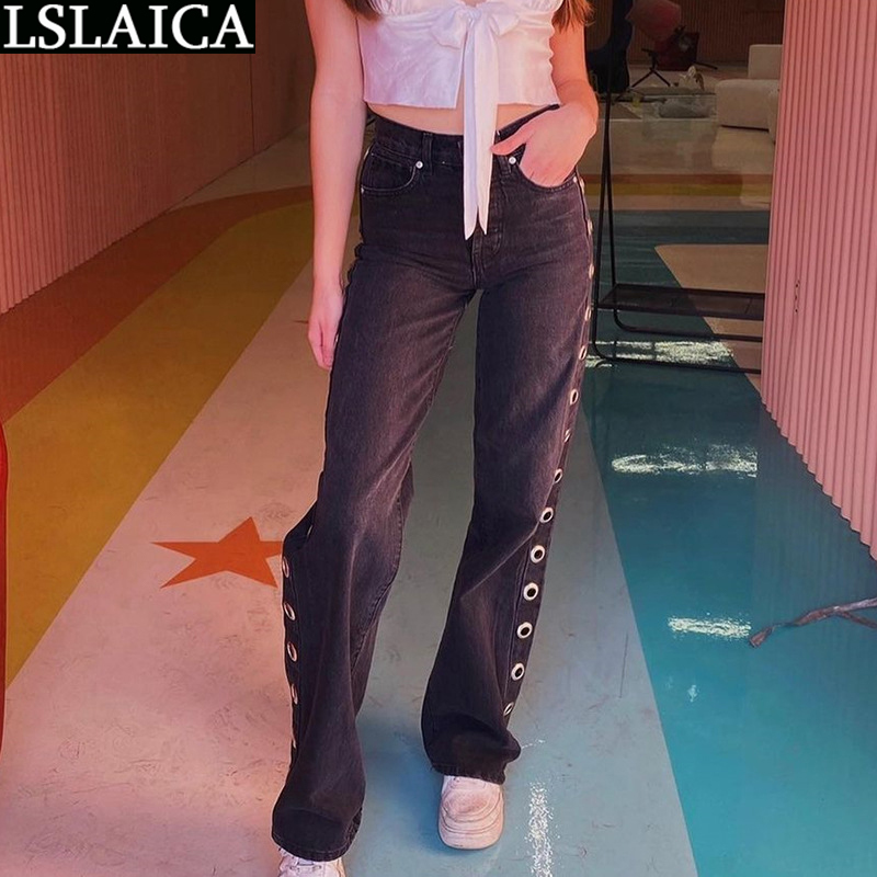Jeans Casual Solid Color Pocket Women's Fashion Personality Street Metal Buckle Hollow High-waisted Straight Denim Trousers 210515