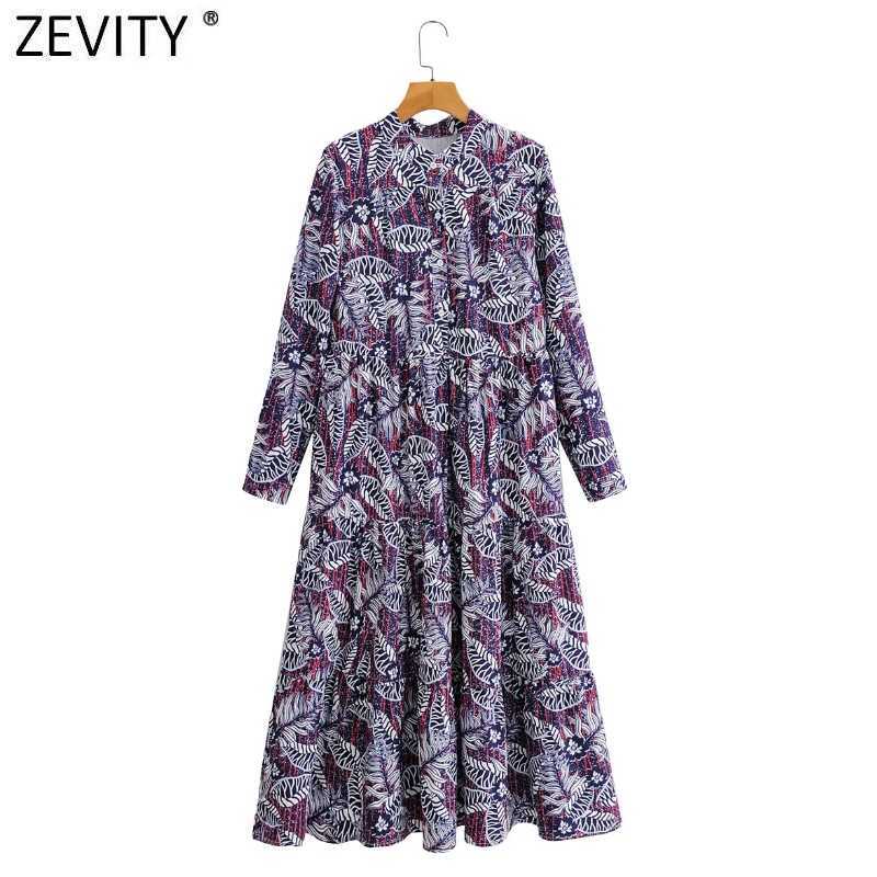 

Zevity Women Vintage O Neck Pleats Tropical Leaves Print Casual Loose Midi Dress Female Retro Patchwork Chic Vestido DS4678 210603, As pic ds4678ff