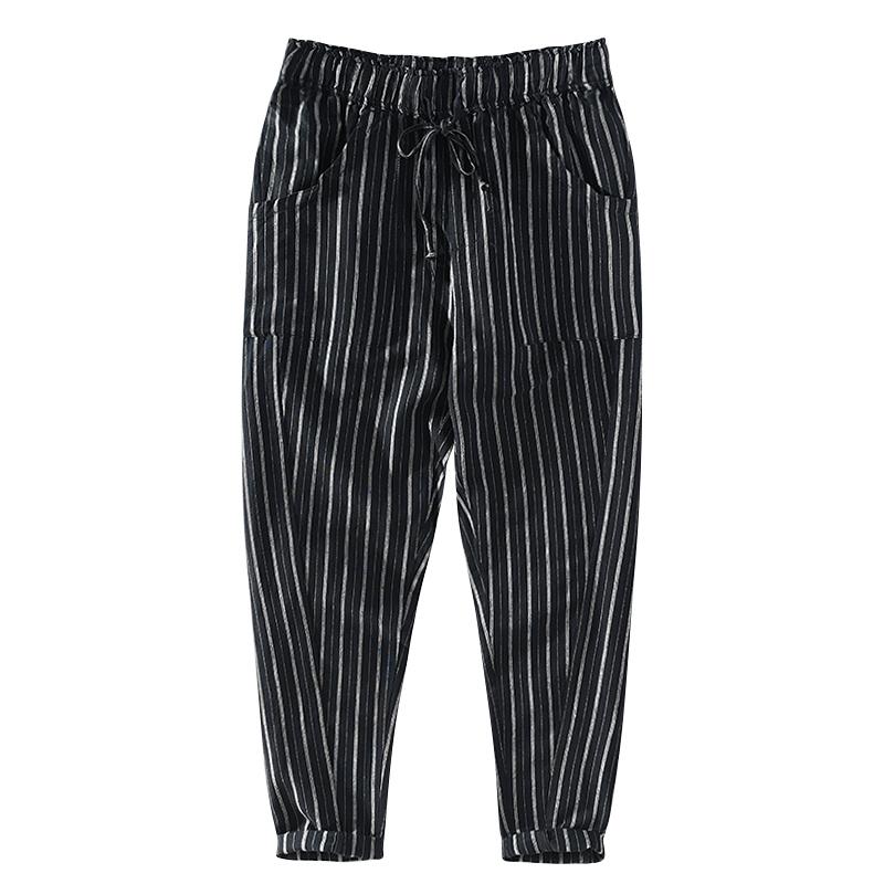 Spring Striped Casual Linen Trousers Men Elastic Waist Cotton Stripe Black Pants For Brand Pantalones Four Season Men's