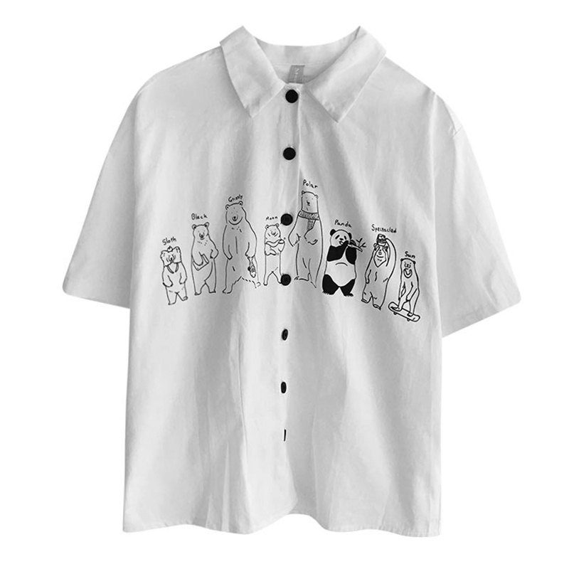 White Blouse Women Loose Japanese Style Cartoon Animal Print Kawaii Shirt Girls Cute Short Sleeve Blusas Summer Top 210519