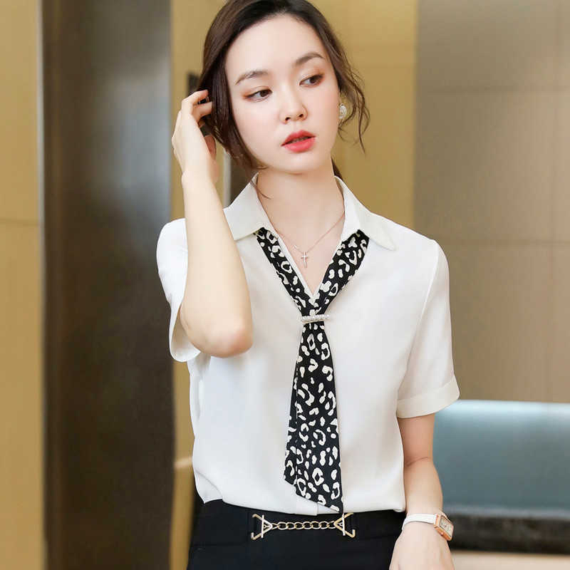 Naviu Fashion Scraf Women Blouses Short Sleeve Chiffon Shirt For Office Lady Style Formal Summer Wear 210604