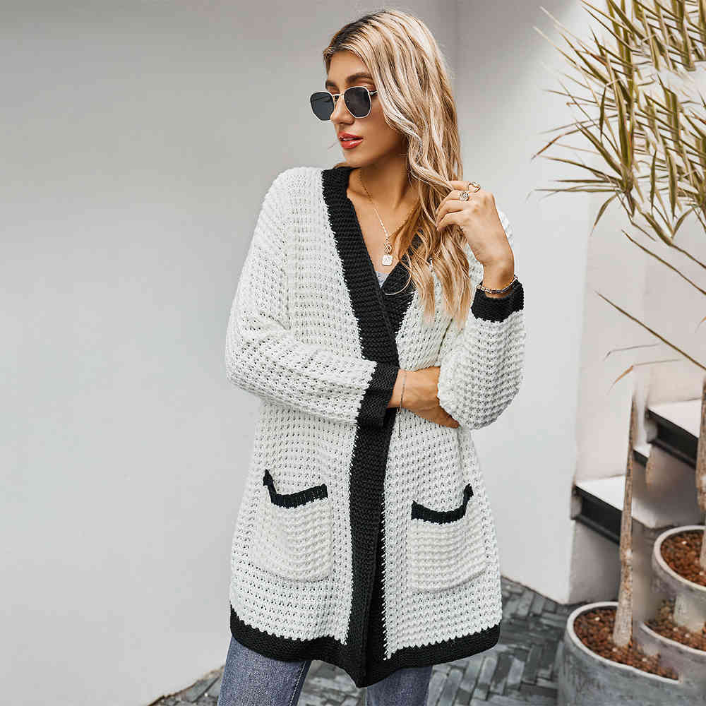Autumn Winter Long Cardigan White Long Sleeve Patchwork Knitted Tops Jacket Coat Sweaters For Women Fall Clothing Fashion 210415
