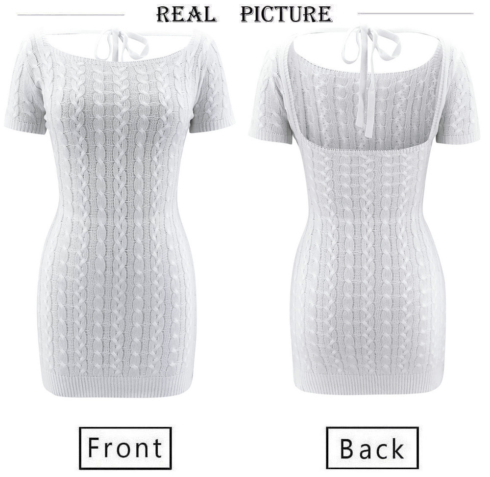 Women Summer White Knitted Mini Dress Sexy Square Neck Backless Lace Up Short Sleeve High Waist Package Hips Bodycon Party 210522