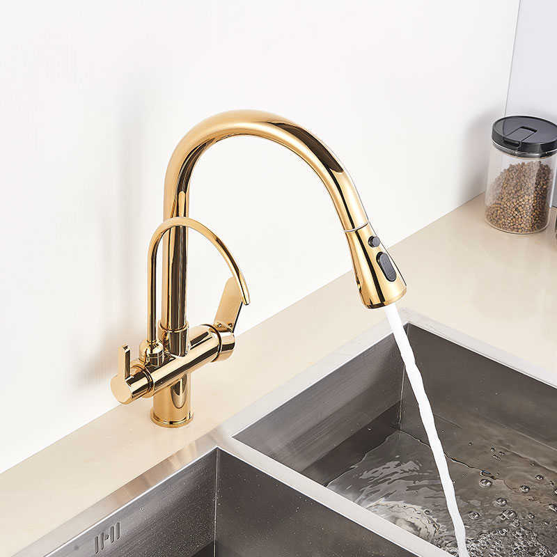 Gold BlackChrome Kithcen Purified Faucet Pull Out Water Filter Tap 23 Way Torneira Cold Mixer Sink Crane Kitchen Drink 2107249290302