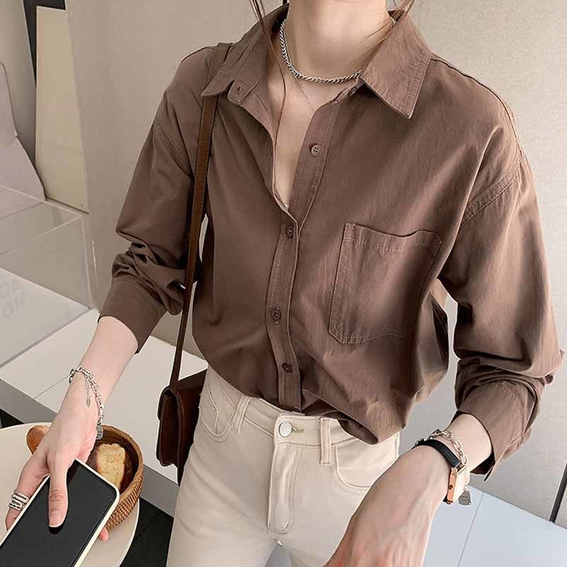 Korean Style Loose White Plus Size Women's Autumn Blouses Long Sleeve Women Bottoming Shirt Solid Lapel Pocket Tops 11891 210508