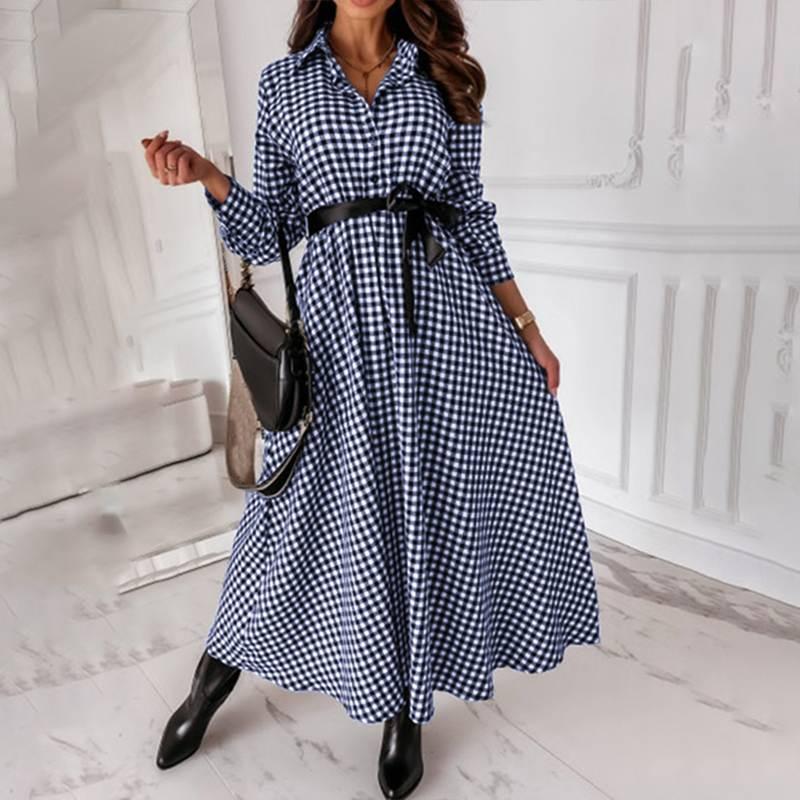 Plaid Print Lapel Robe Holiday Female Belted Dresses Spring Autumn Office Lady Vestido Womens Vintage Maxi Dress Oversize Casual