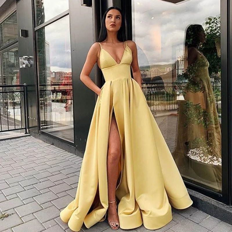 Sexy V Neck Satin Evening Dresses Spaghetti Strap Side Slit Prom Dress High Waist Evening Gowns Party Dress Robe de soiree
