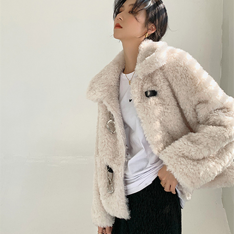 Autumn Winter OL Single-breasted Faux Rabbit Fur Jacket Women Outwear Solid Loose Lapel Thick Warm Plush Coat Female 210421